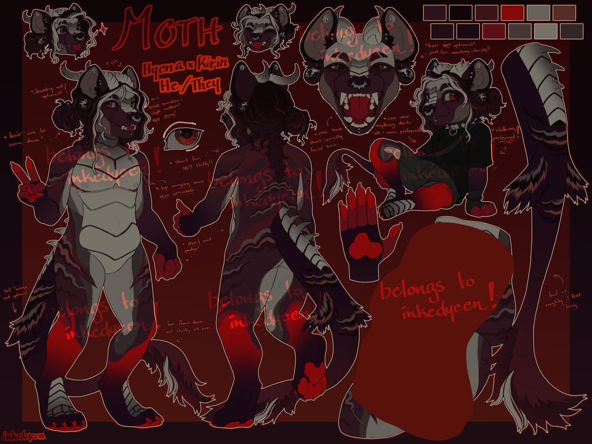 Non-Symmetrical Fullbody, Additional Unique Pose Back View, Symmetrical Headshot Closeup, Additional Chibi Fullbody Unique Pose, Additional Body Part Closeup (3 Total), Props (2 Total- Headshot Doodles)