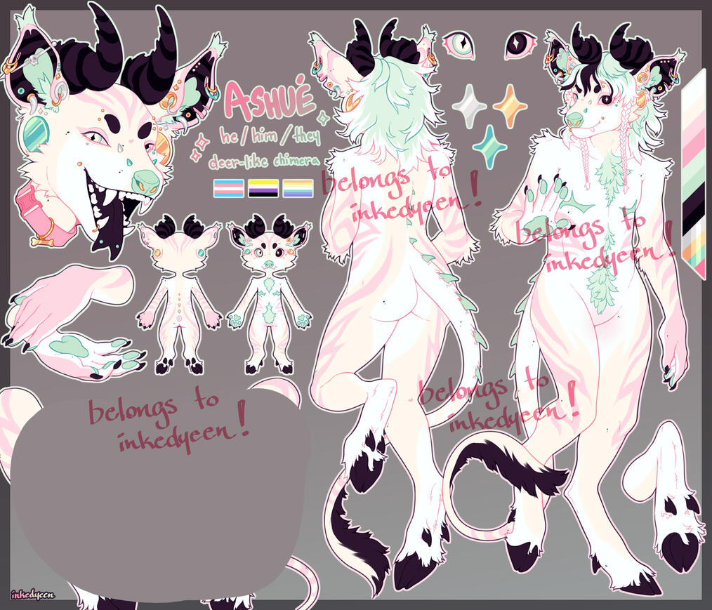 Non-Symmetrical Fullbody, Additional Unique Pose Back View, Non-Symmetrical Headshot Closeup, "Pelt" Mini Marking View, Additional Body Part Closeup (2 total)